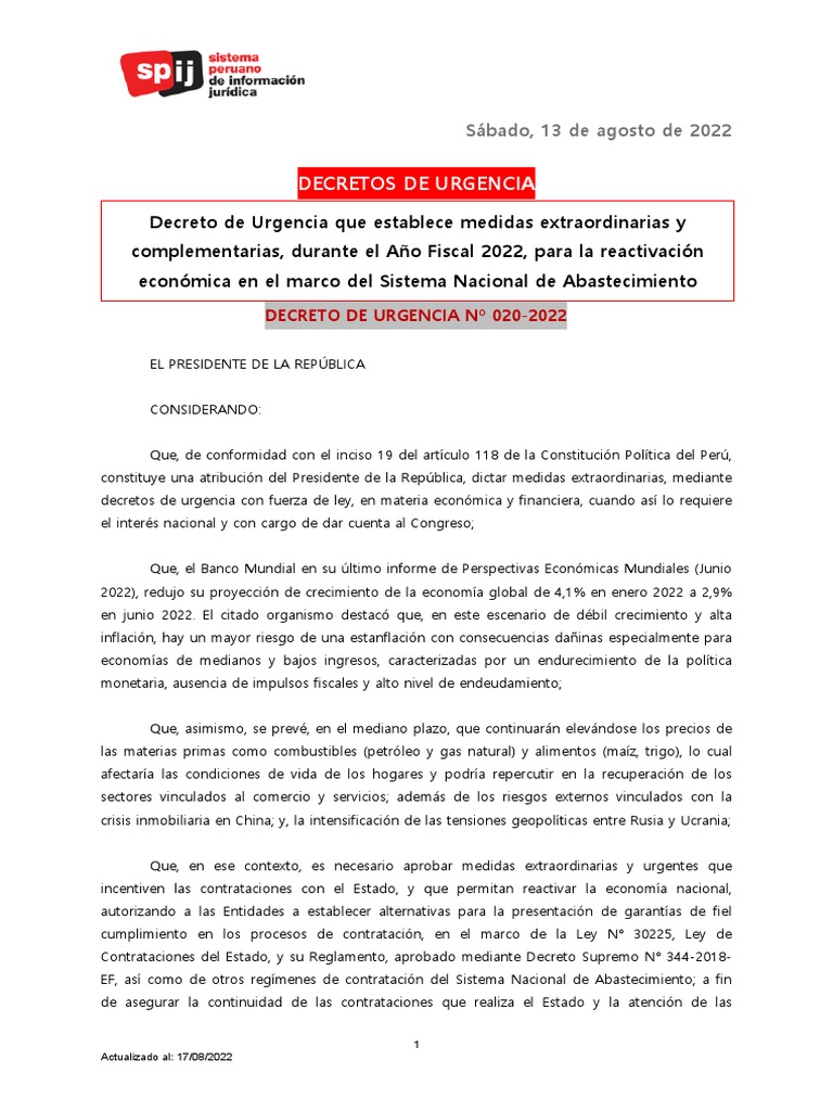 Decreto De Urgencia 020 2022 Pdf Inflación Economias