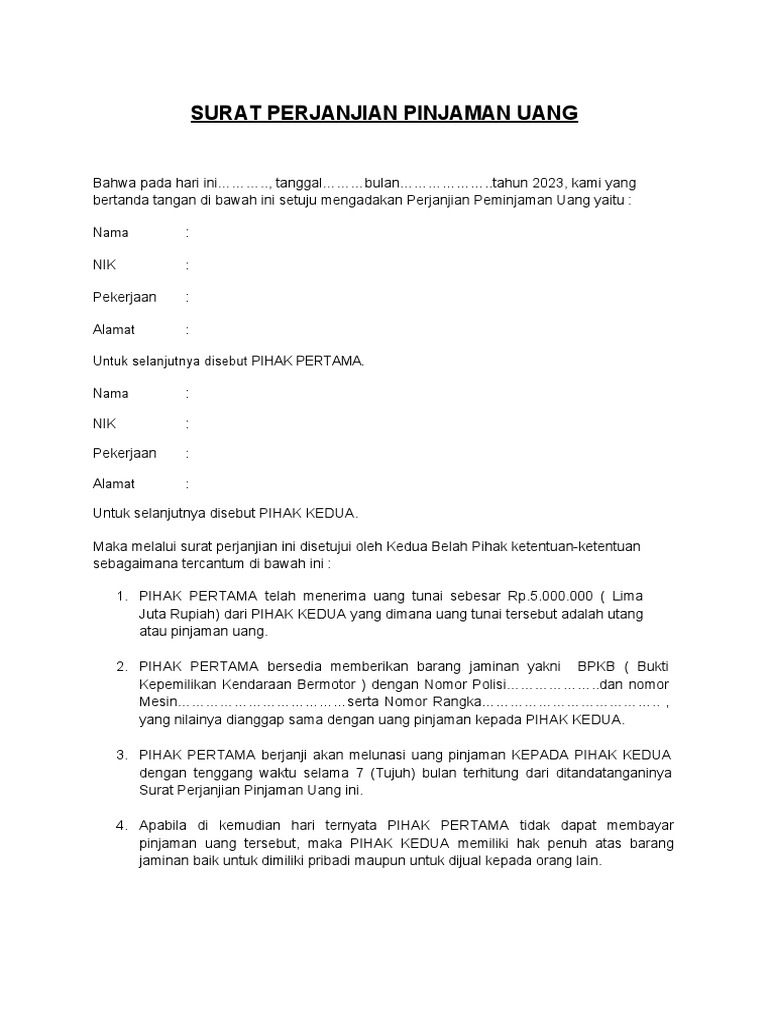 Surat Perjanjian Pinjaman Uang Bermaterai | PDF