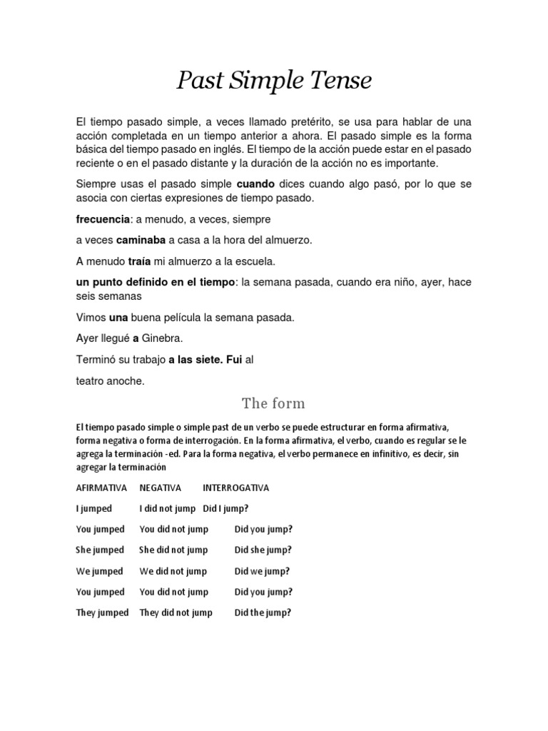 Past Simple Tense PDF Verbo Gramática