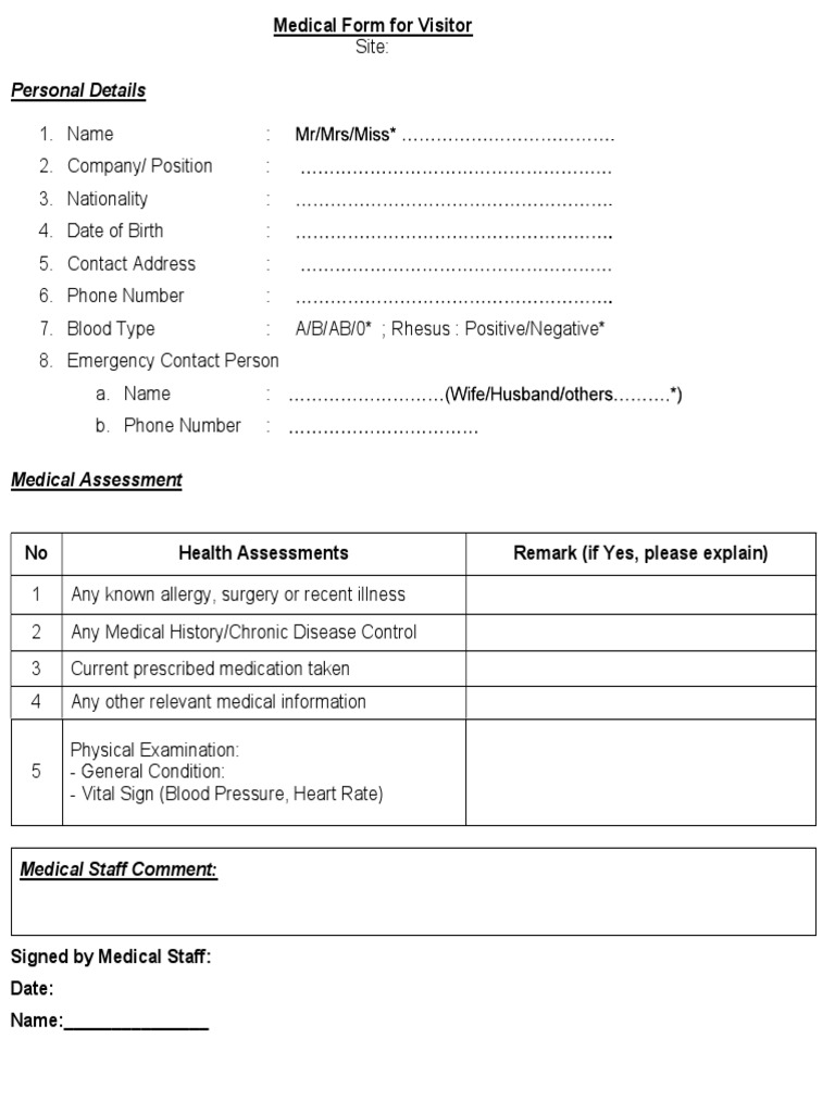Fitness to Work Medical CheckUp and Assessment Form for Visitors PDF Causes Of Death