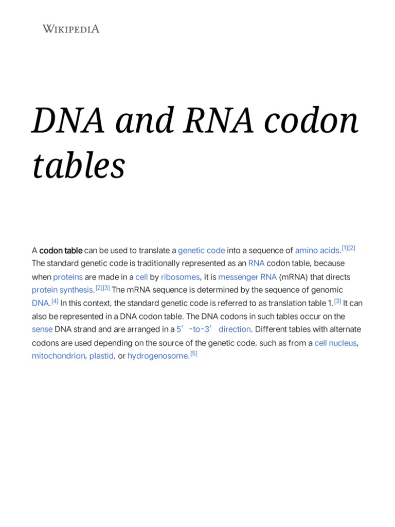 DNA and RNA Codon Tables Wikipedia PDF Code Biotechnology