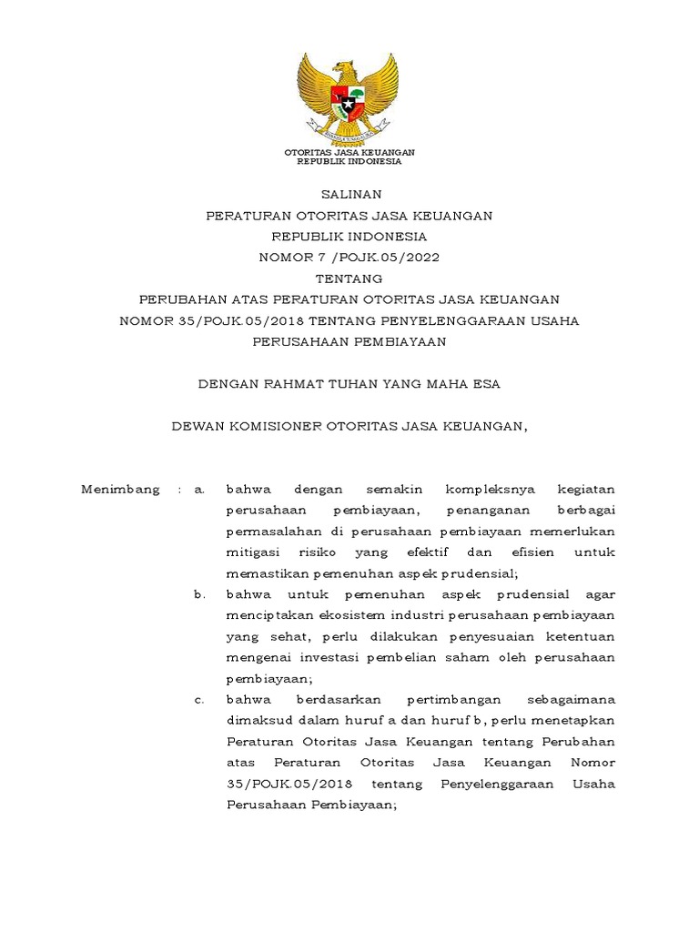 Pojk 7-2022 - Perubahan Pojk 35-2018 | PDF