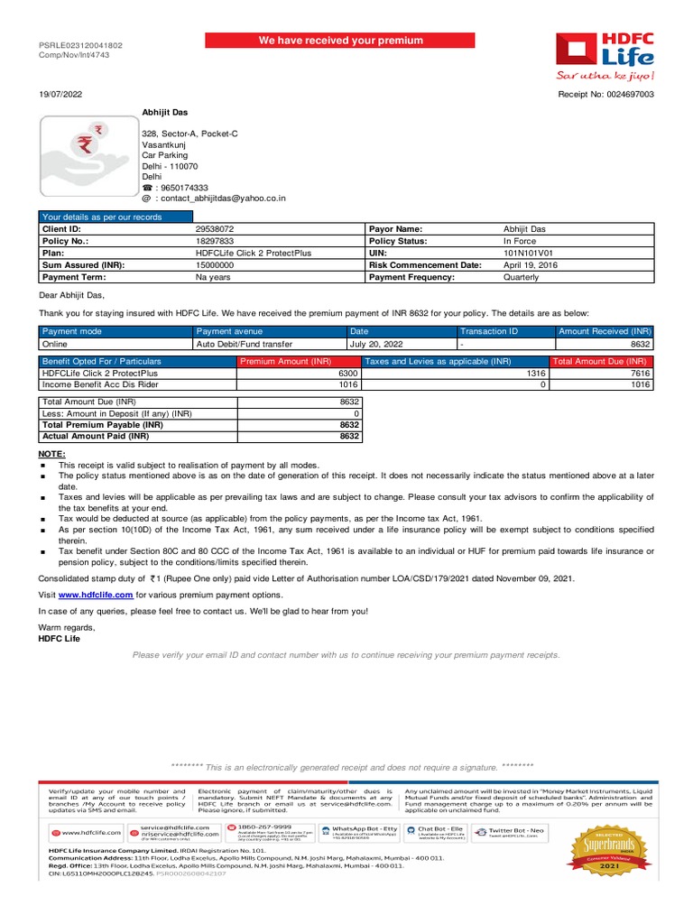 Premium Receipts PDF Insurance Life Insurance