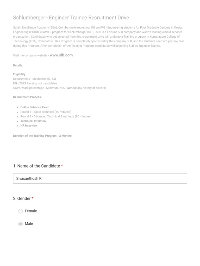 Schlumberger Engineer Trainee Recruitment Drive PDF