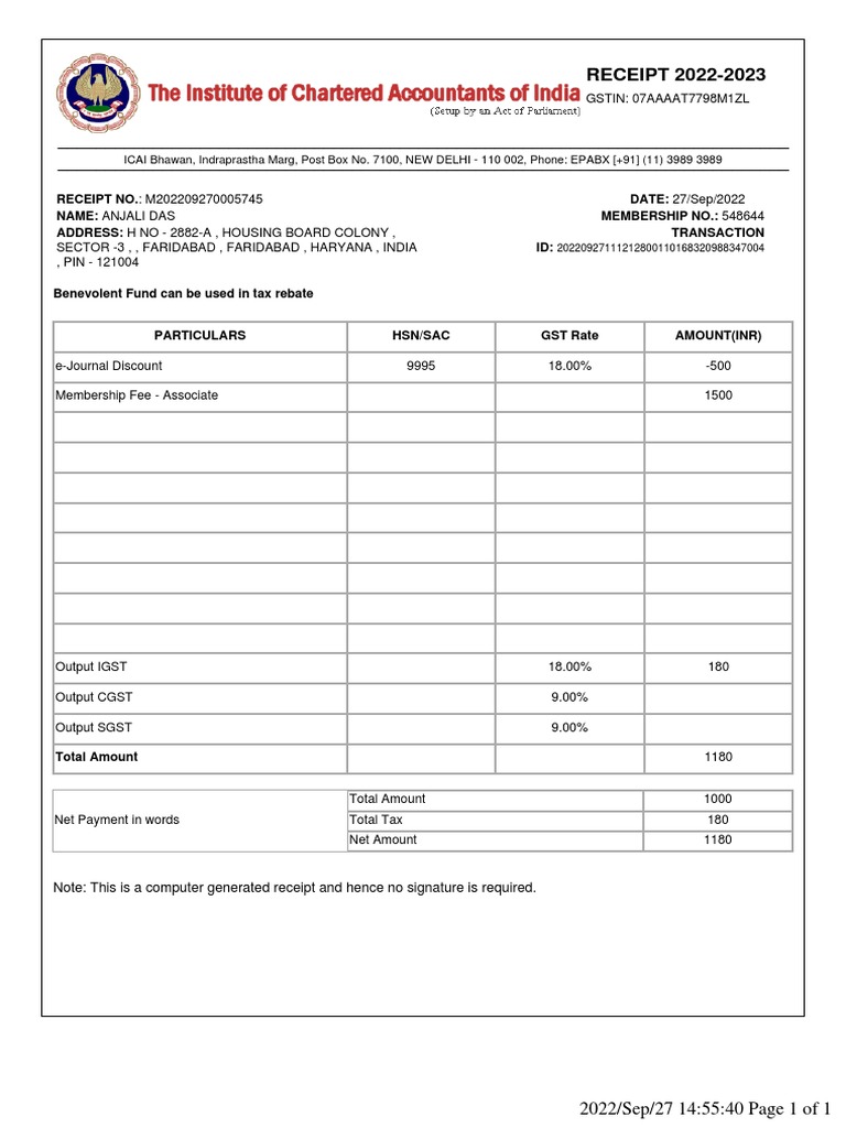 ICAI Membership Fee PDF