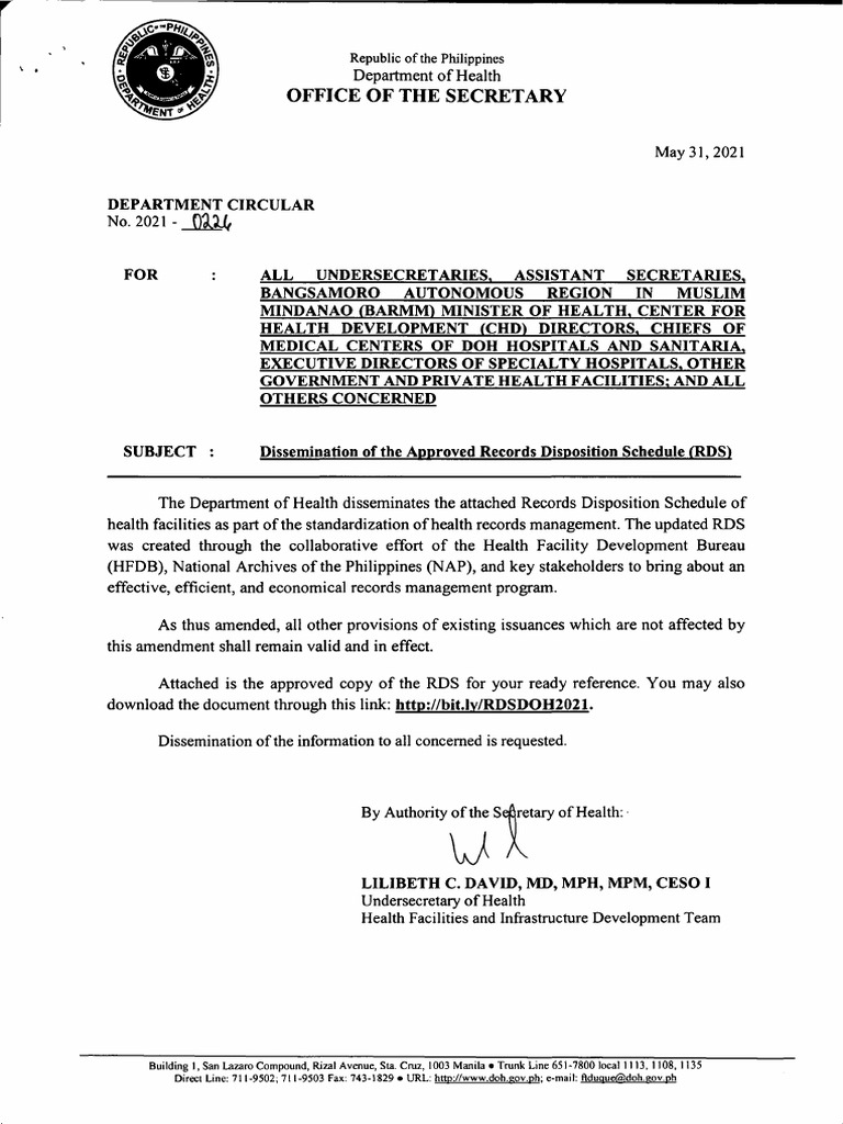 Doh records disposition schedule 2021 update pdf philippines