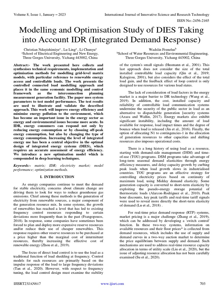 Modelling and Optimisation Study of DIES Taking Into Account IDR