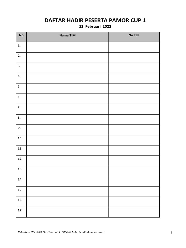 DAFTAR HADIR PESERTA PAMOR CUP 1 PDF