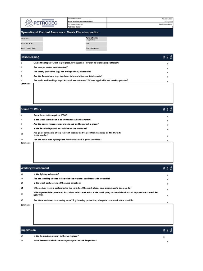 PEDFRM01124 Work Place Inspection Checklist Rev A2 PDF Working