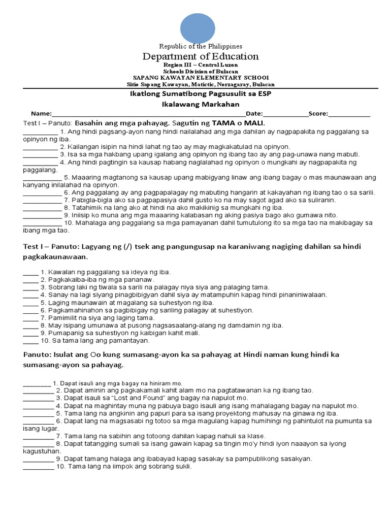 2nd Quarter 3rd Summative in ESP | PDF