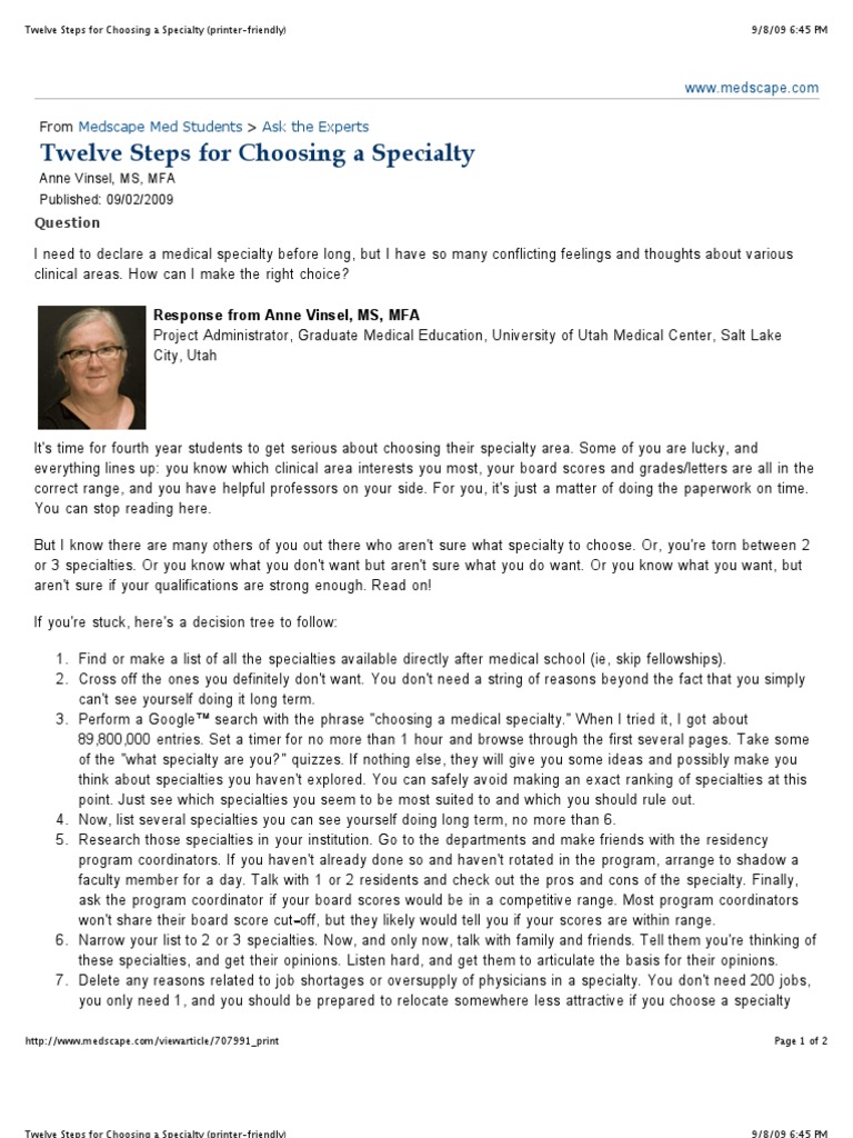 Twelve Steps For Choosing A Specialty Friendly Pdf Residency
