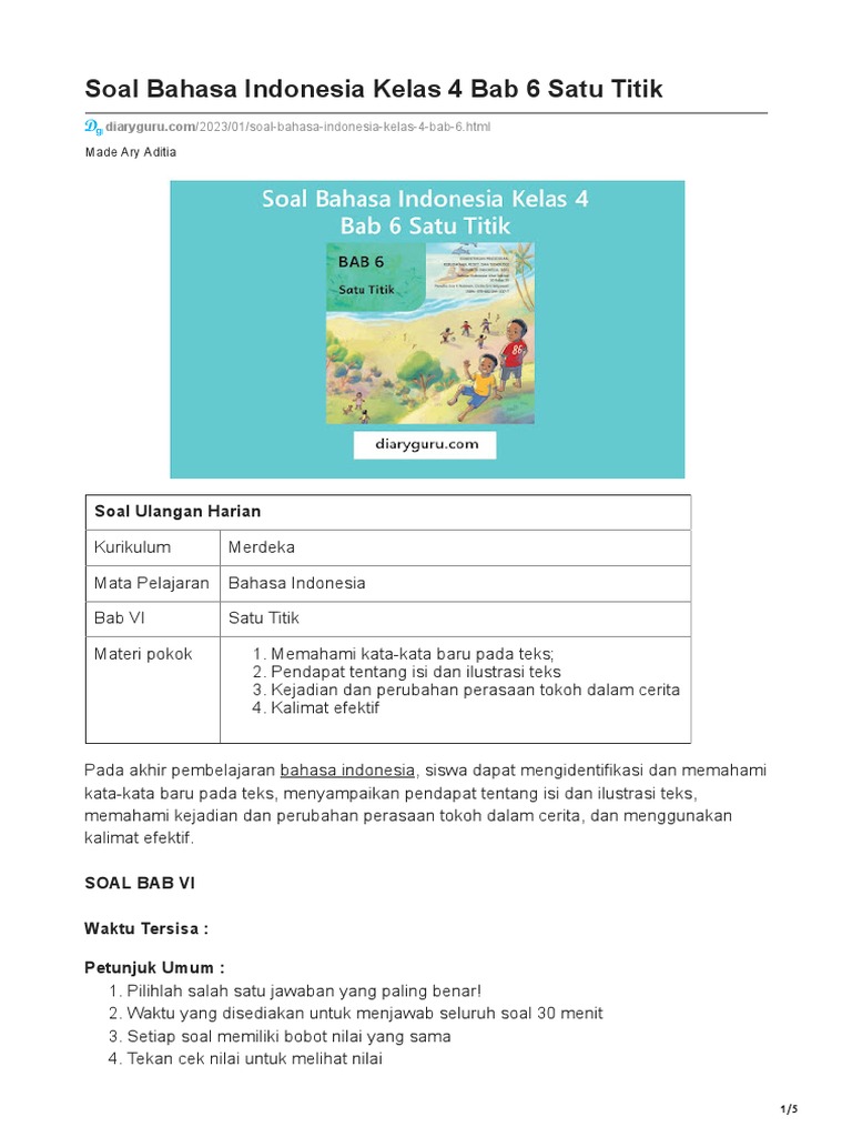 Soal Bahasa Indonesia Kelas 4 Bab 6 Satu Titik | PDF