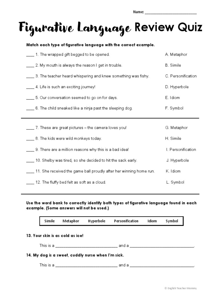 Figurative Language Review Quiz © English Teacher Mommy PDF Metaphor