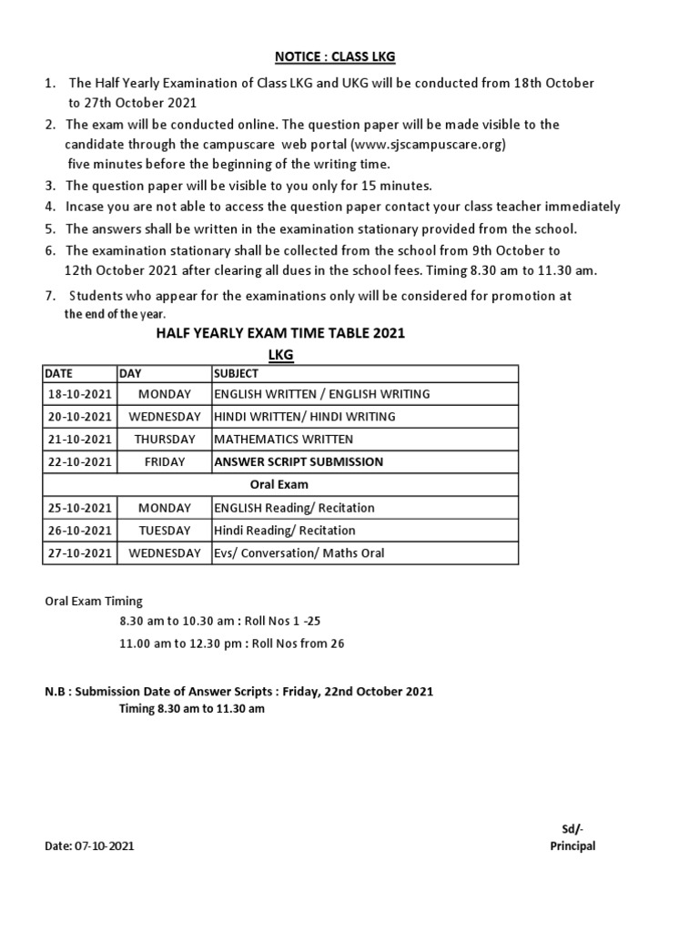 LKG Half Yearly Exam Schedule 2021 | PDF