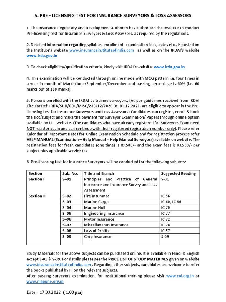 Pre-Licensing Test for Insurance Surveyors | PDF | Insurance | Test ...