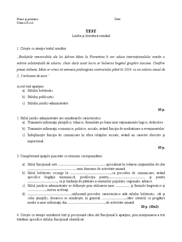Test Docimologic-Stilurile Funcționale | PDF