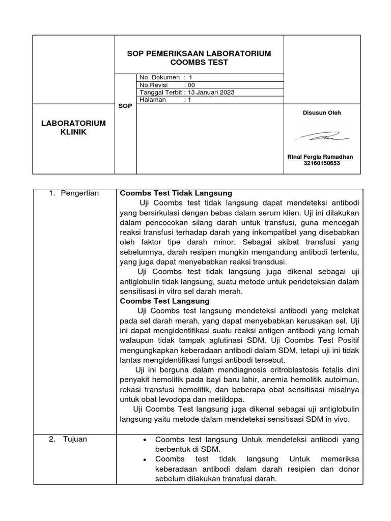 Prosedur Coombs Test Laboratorium | PDF