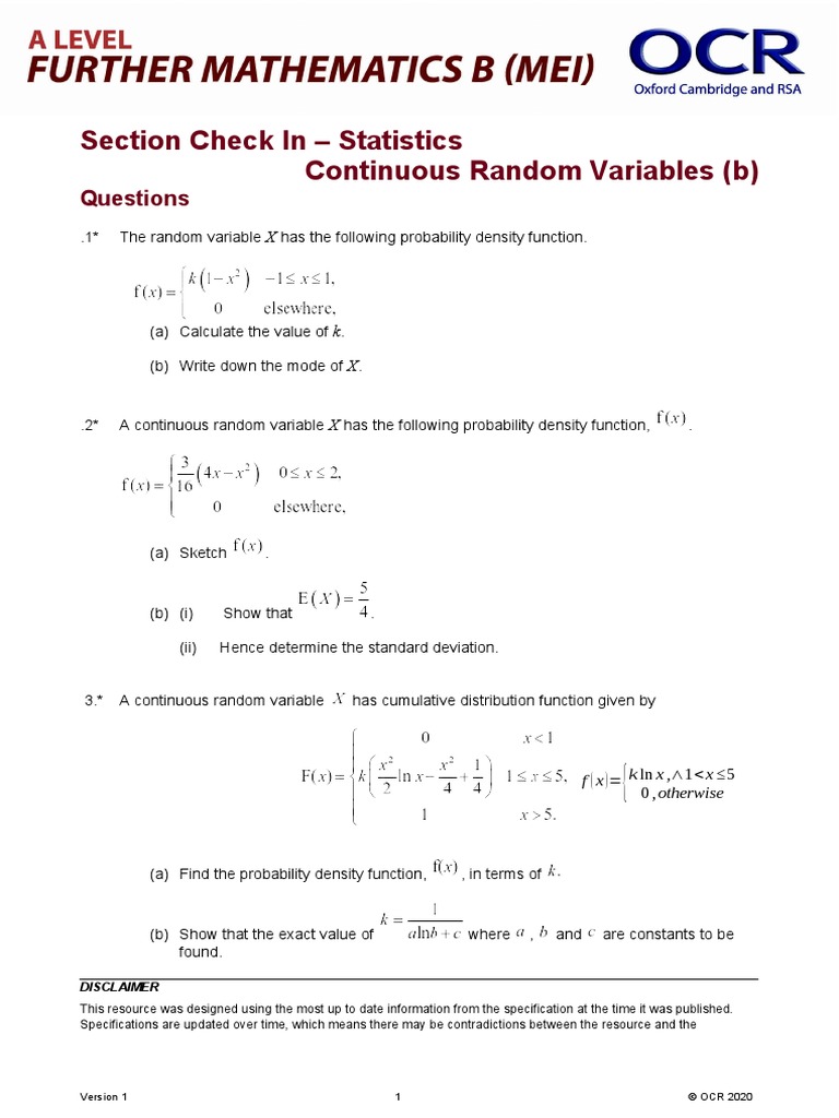 Section Check in Statistics Continuous Random Variables B | PDF ...