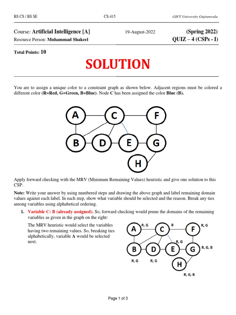 CS-415-A - AI - Quiz - 4 - SOLUTION | PDF | Graph Theory | Cybernetics
