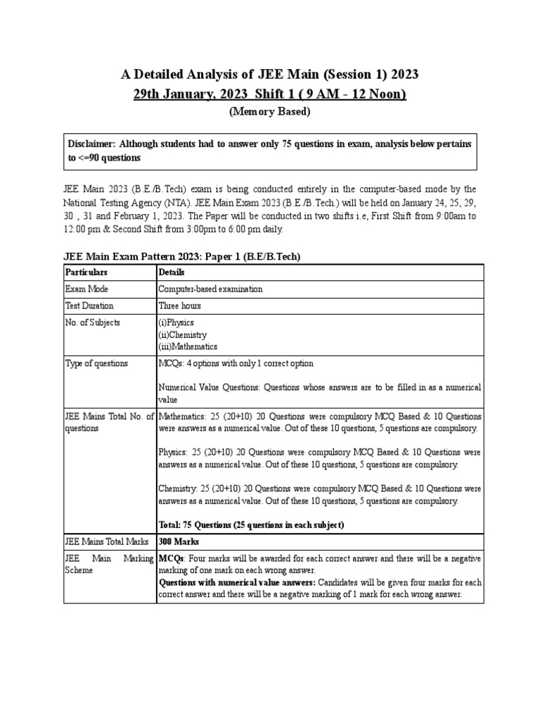 JEE Main 2023 Session 1 Analysis | PDF | Chemistry | Physics