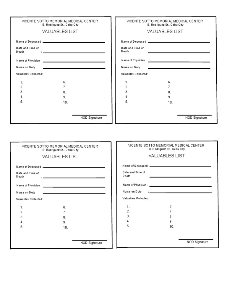 Valuables List PDF Health Care Health Sciences