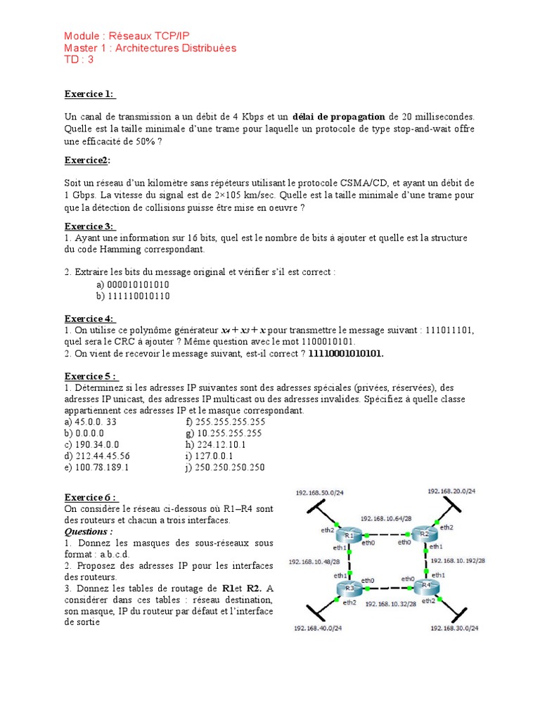 Exercices sur les Réseaux TCP/IP en Master | PDF