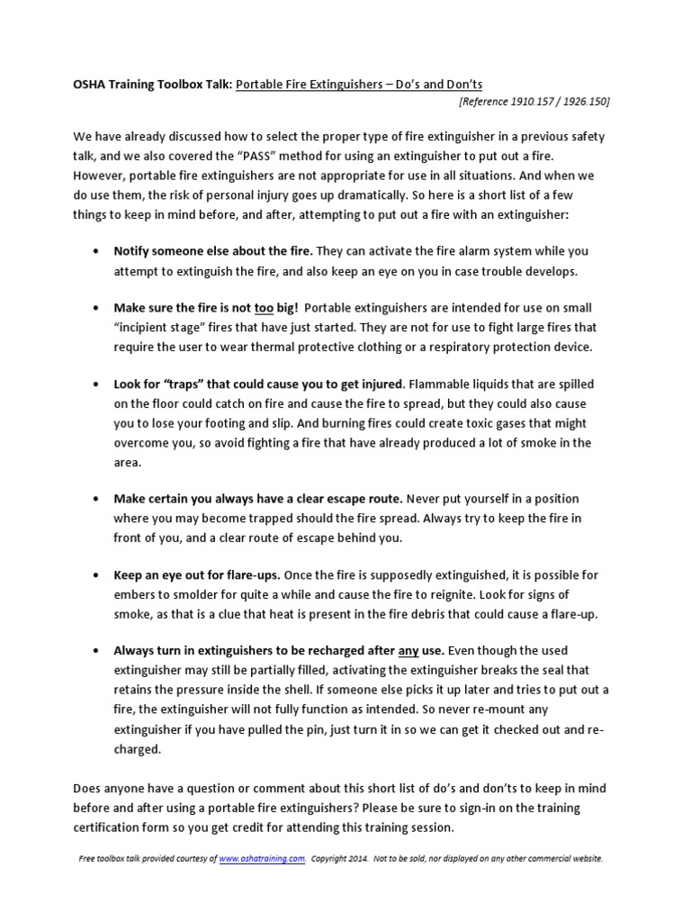 OSHA Training Toolbox Talk Portable Fire Extinguishers Dos and