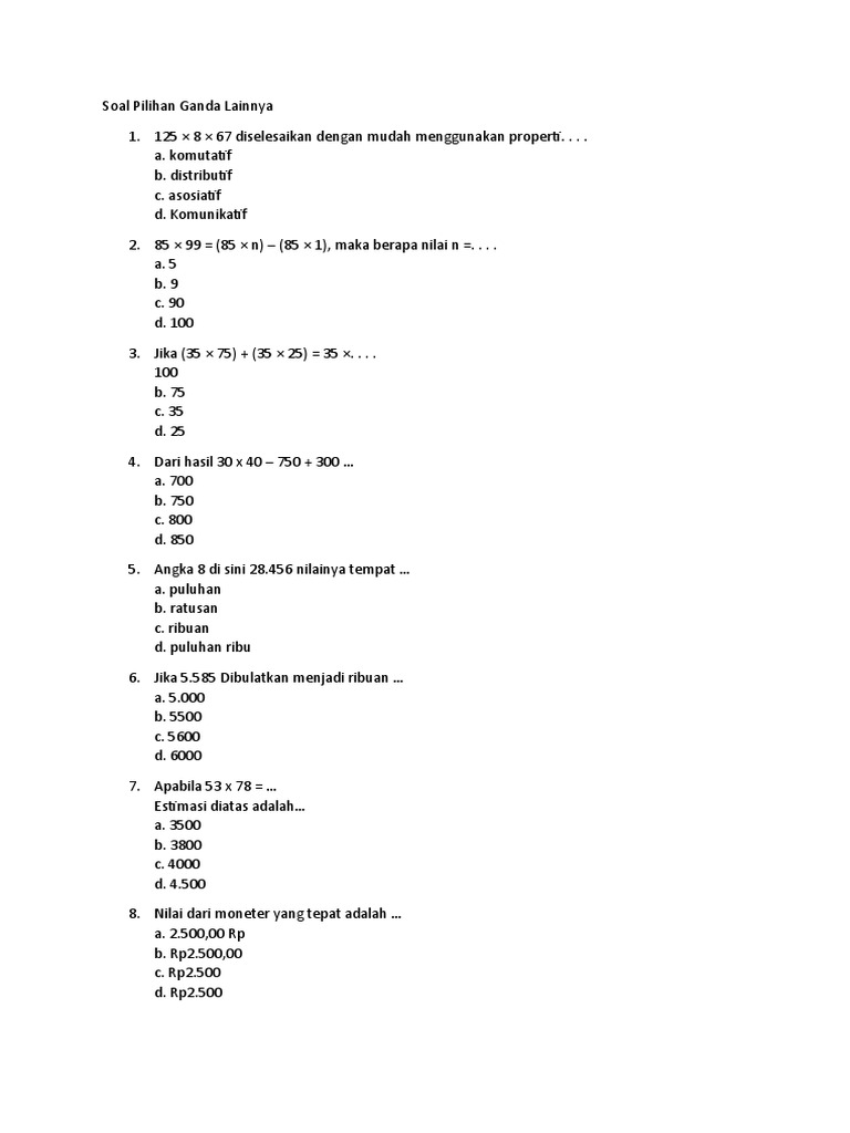 Soal Pilihan Ganda Matematika TK B | PDF