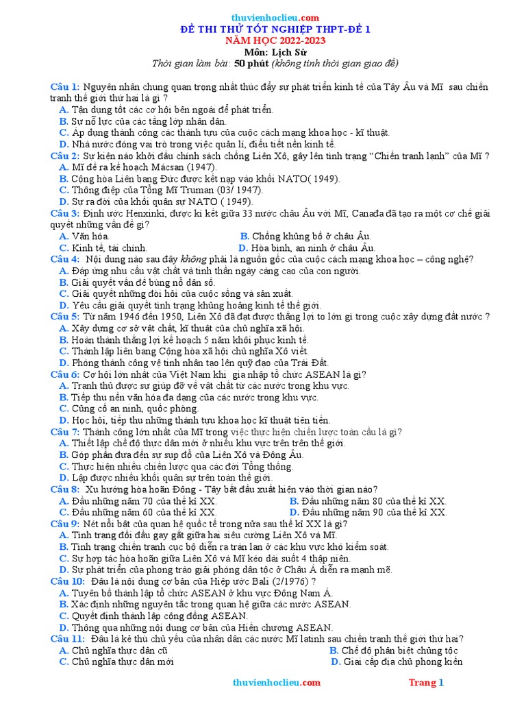 De Thi Thu TN THPT 2023 Lich Su de 1 | PDF