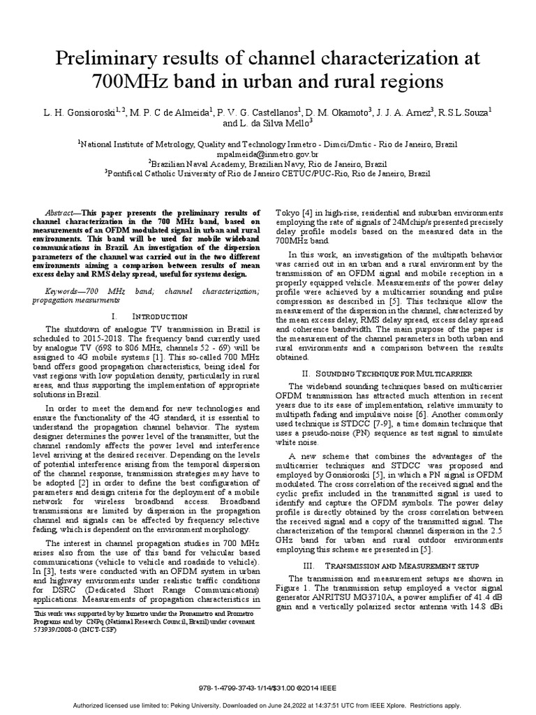 Preliminary Results of Channel Characterization at 700MHz Band in Urban ...