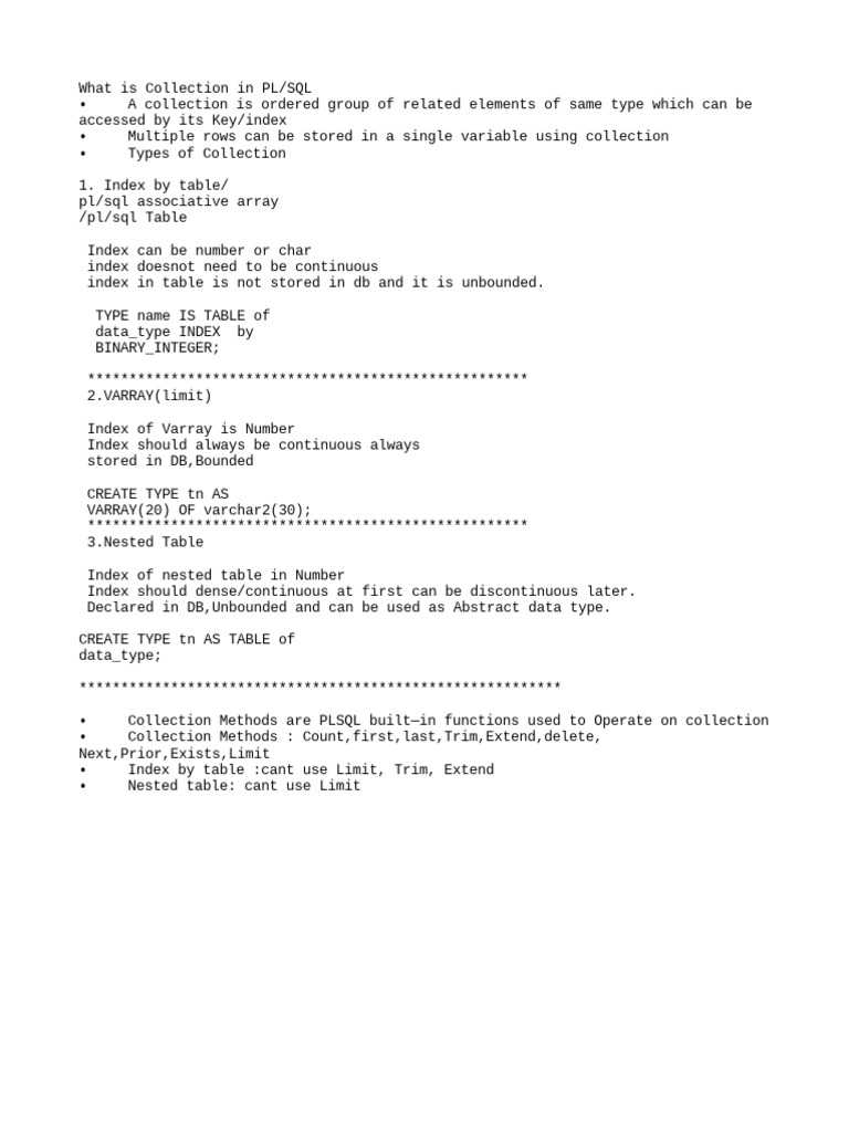 An Overview of Collection Types in PL/SQL including IndexBy Tables
