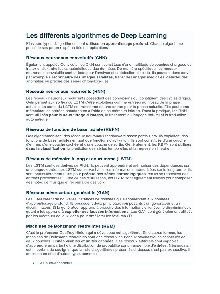 Algorithmes de Deep Learning expliqués | PDF | Réseau de neurones ...