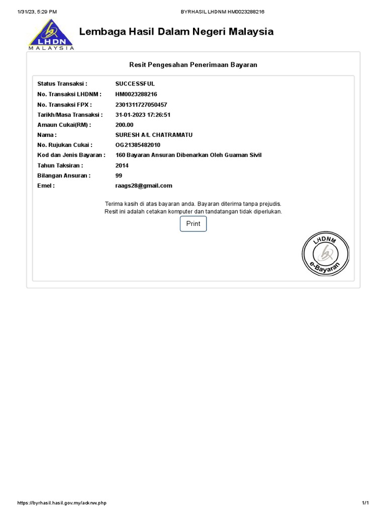Resit Pembayaran Cukai LHDN 2023 | PDF