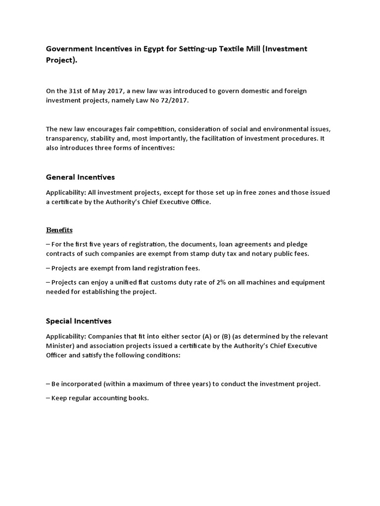 New Law in Egypt Provides Incentives and Tax Benefits for Setting Up