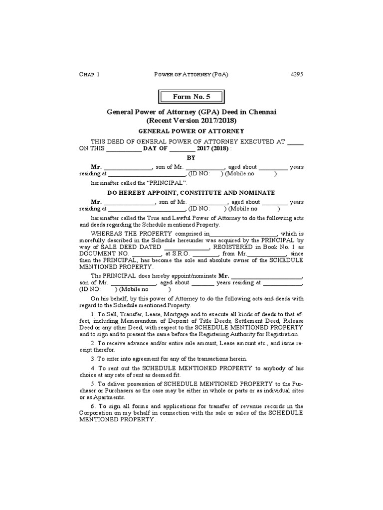 Form no 5 general power of attorney gpa deed in chennai recent