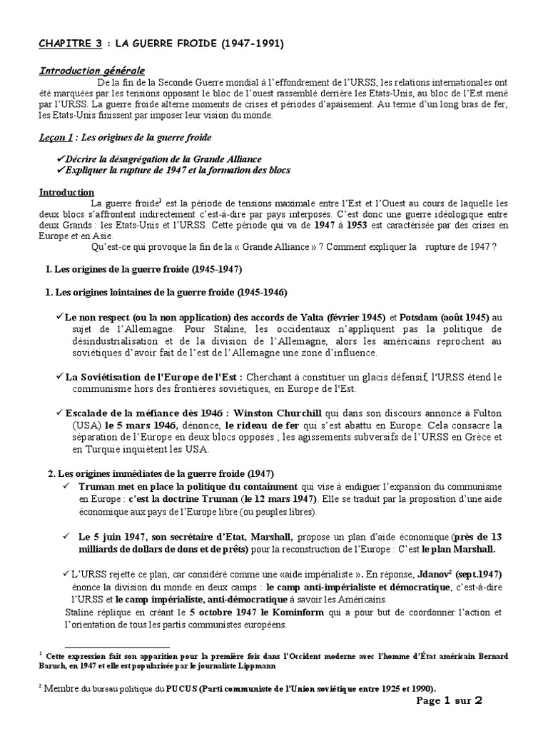 Leçon 1 Les Origines de La Guerre Froide | PDF | Guerre froide | Bloc ...