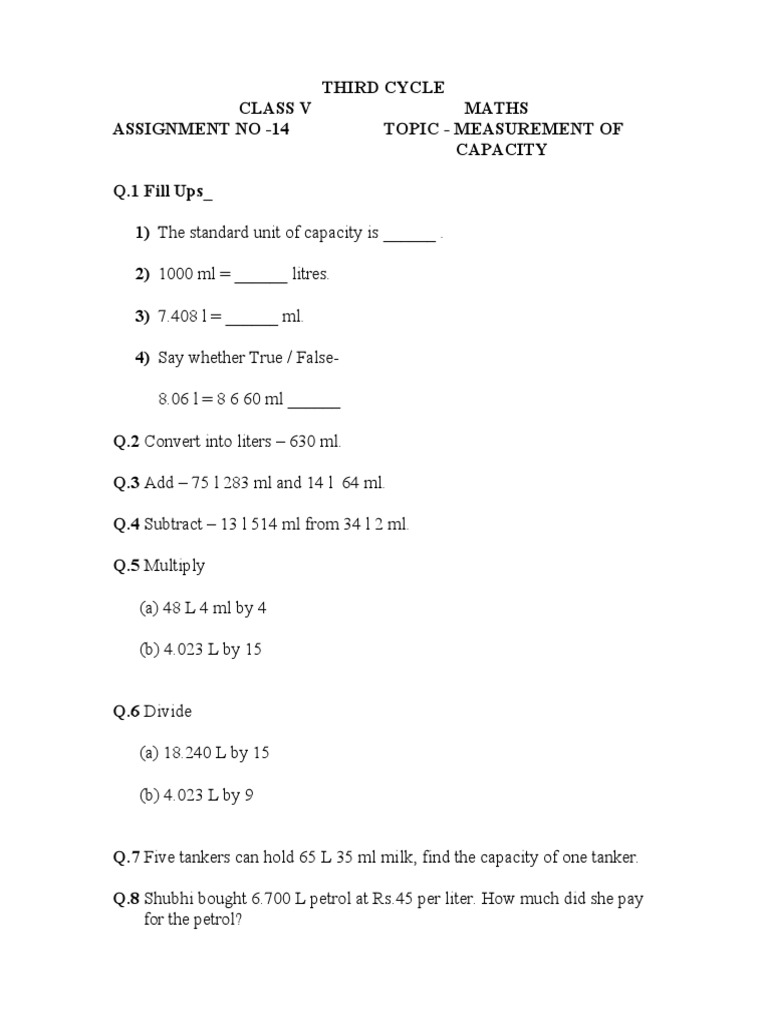 Class V Maths: Capacity Measurement Assignment | PDF