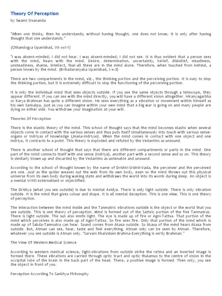 Theory Of Perception Swami Sivananda 1 Pdf Mind Perception