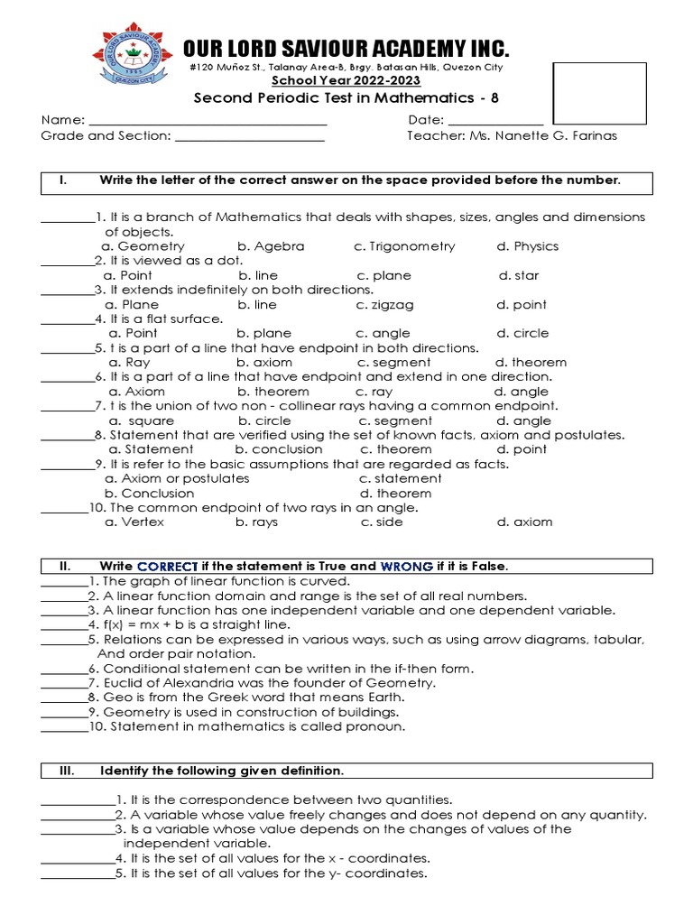Second Periodical Test in Math 8 | PDF | Line (Geometry) | Function ...