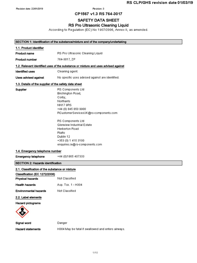RS Pro Ultrasonic Cleaning Liquid 0900766b812d4e13 PDF Dangerous