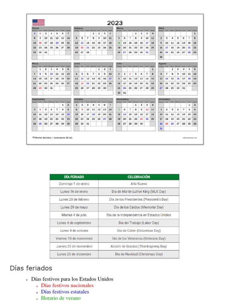 Calendario Dias Festivos USA PDF