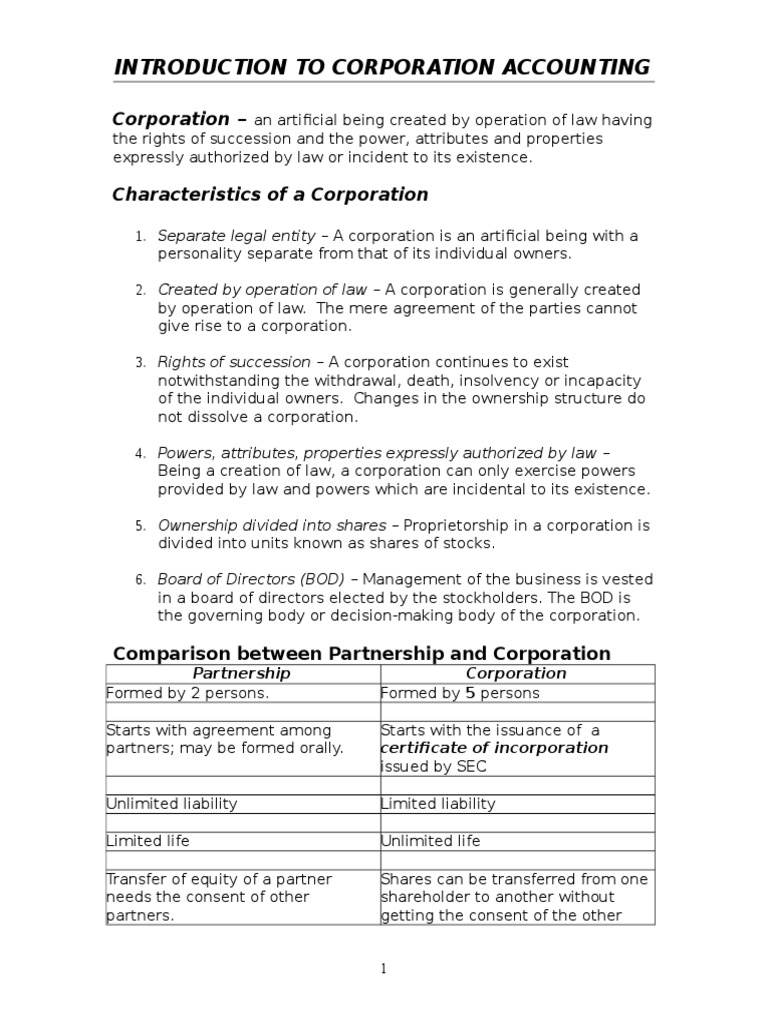 1 Corporation Accounting Introduction Pdf Corporations Stocks