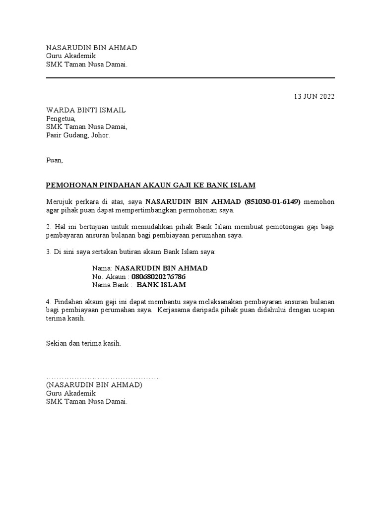 Surat Mohn Tukar Bank Gaji | PDF