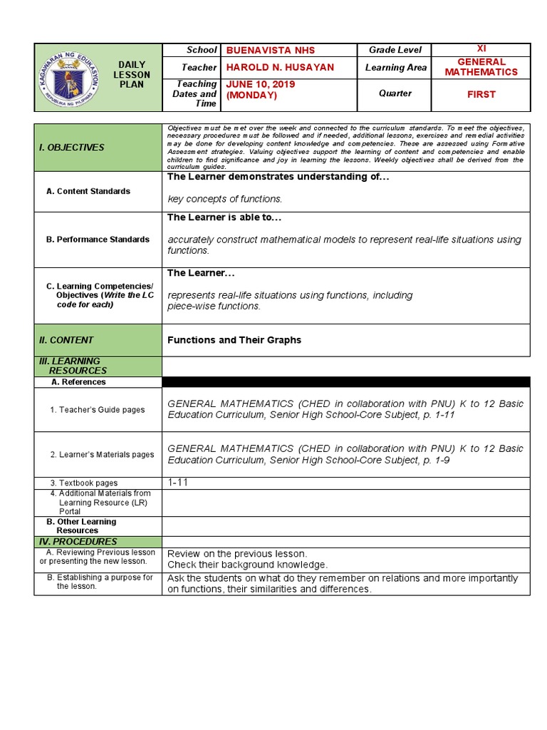 Sample Daily Lesson Plan For General Mathematics Grade 11 | PDF