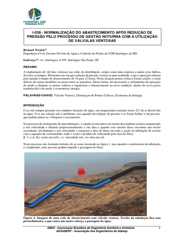 V lvulas Ventosas Na Rede De gua PDF Engenharia Descarga 
