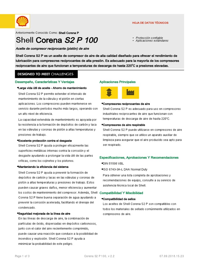 Aceite Shell Corena S2 P 100: Ficha Técnica | PDF | Rodamiento ...