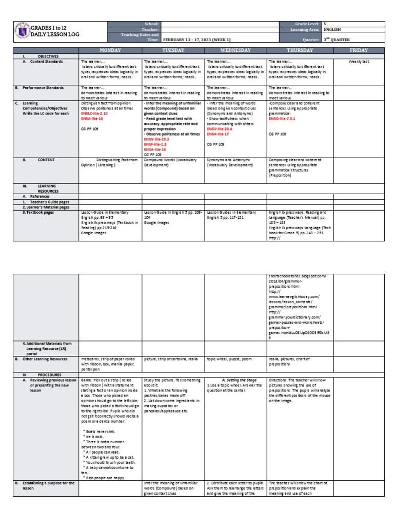 DLL - English 5 - Q3 - W1 | PDF