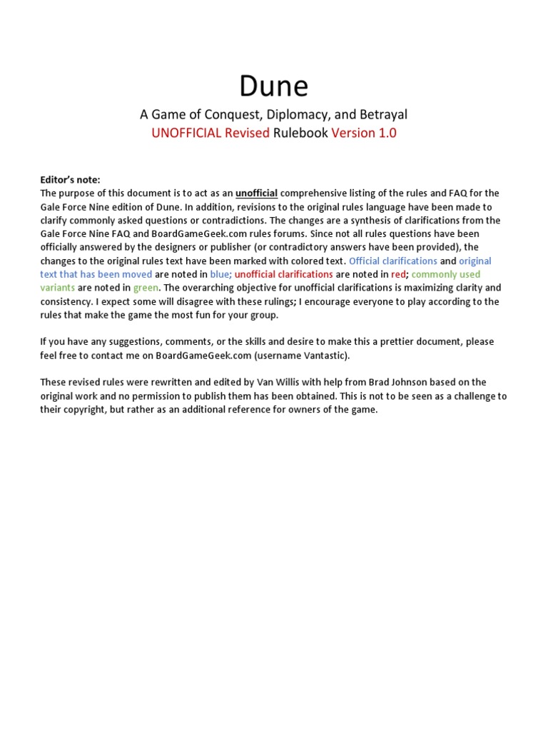 UNOFFICIAL Revised Dune Rulebook v.1.0 | PDF | History