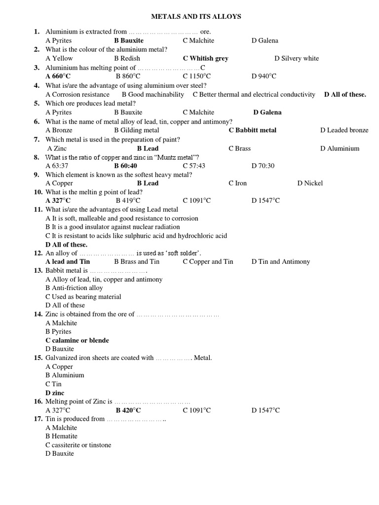 Metals and Its Alloys MCQ PDF Brass Bronze