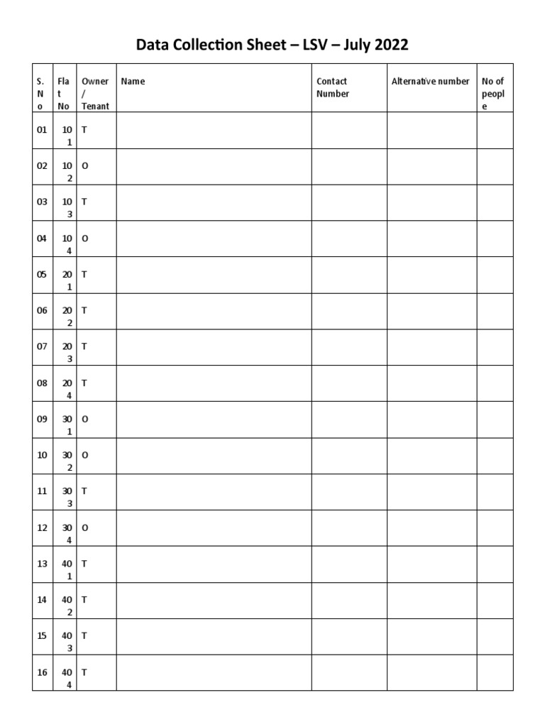 Data Collection Sheet Template LSV PDF